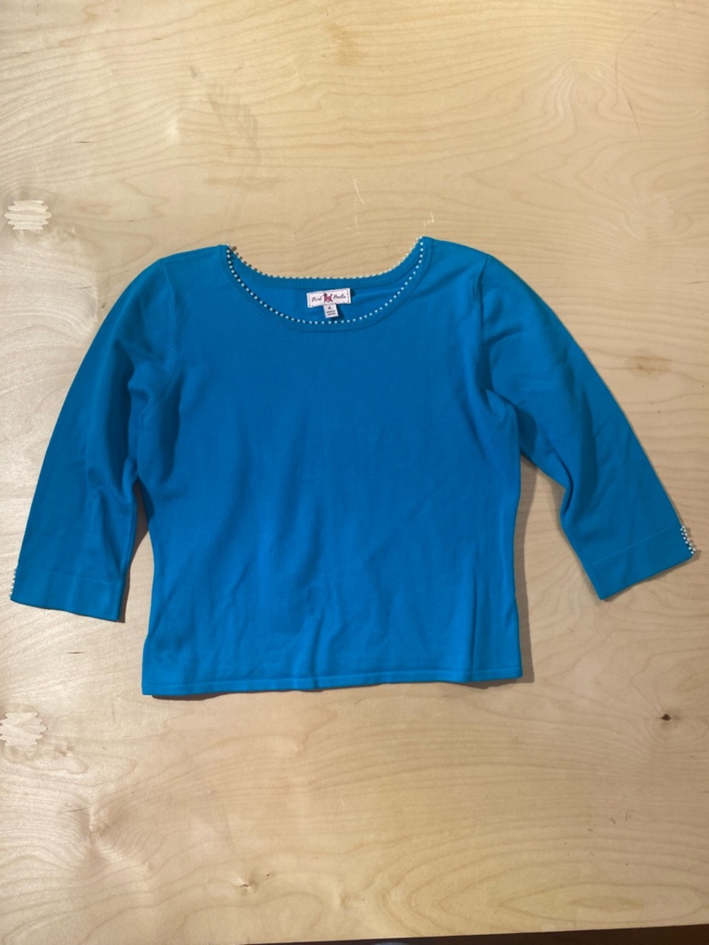 Pink Poodle Blue 3/4 Sleeve Top with Embellished Neckline Large (RC)